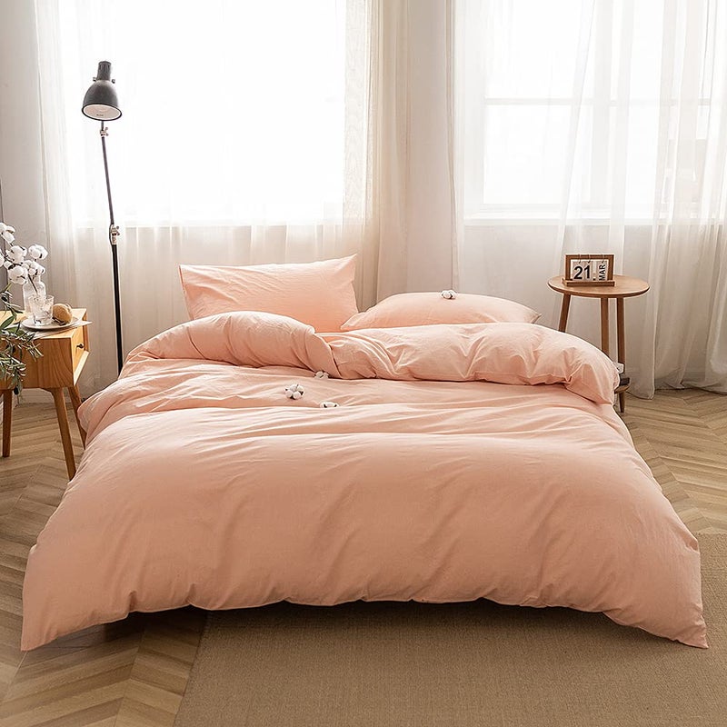 FACE TWO FACE Bedding Duvet Cover Set 3 Pieces 100% Washed Cotton Duvet Cover Linen Like Textured Breathable Durable Soft Comfy (King, Pink) - Image 1